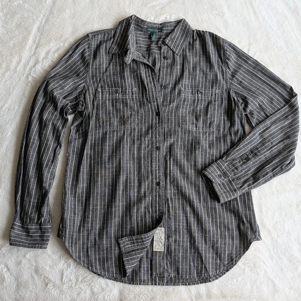 Lauren Ralph Lauren Jeans Co Striped Cotton Button Down Shirt Grey White Medium